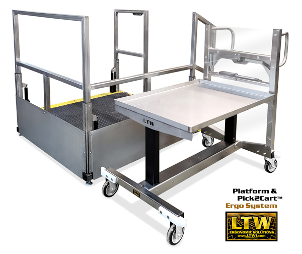 LTW Platform and Pick2Cart Ergo System by LTW Ergonomic Solutions | Height Adjustable Industrially Ergonomic Platform and Cart for CNC